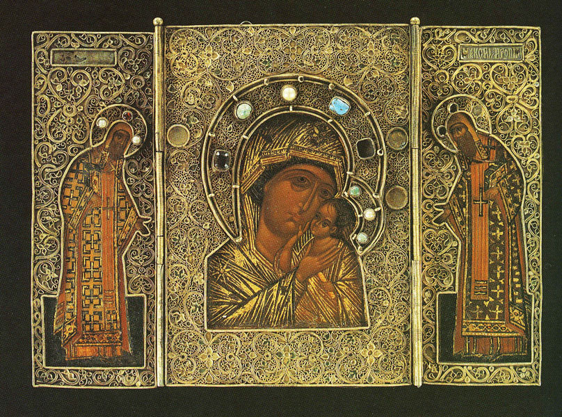 Икона-складень. 2-я половина XVI в.Богоматерь Петровская с митрополитами Петром и Алексием.