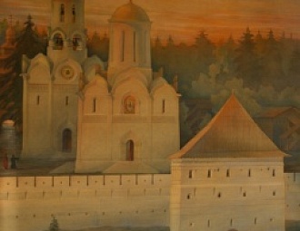 Картина «Троице-Сергиев монастырь в XVI в. Вид с запада» на экспозиции «Троице-Сергиева Лавра: архитектурный ансамбль, страницы истории XIV-XVIII вв.»